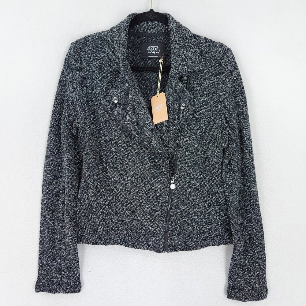 Le Temps Des Cerises Jacket Large Womens Black Marled Lightweight Moto NEW